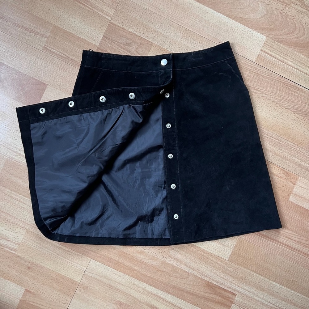 Warehouse Black Real Suede Button-Front Mini Skirt